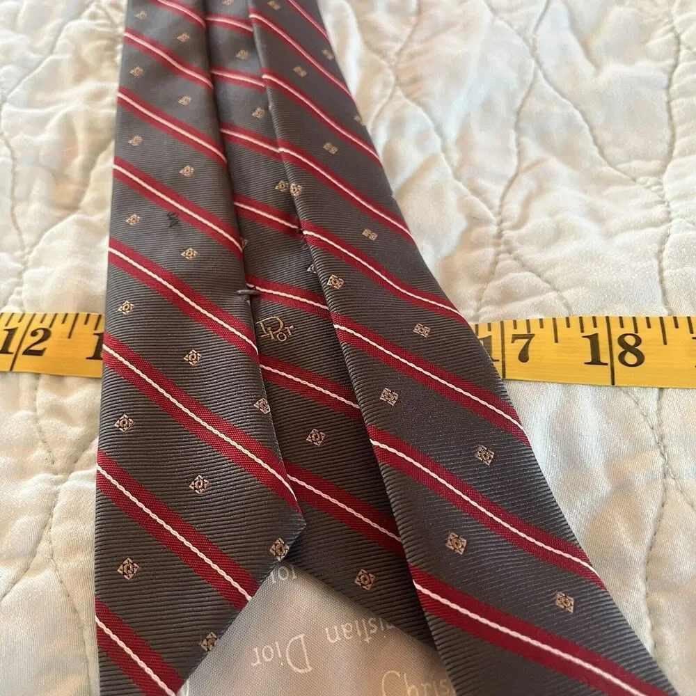 Christian Dior Paris New York 100% Silk Neck Tie Red Pewter Diagonal Stripe EUC